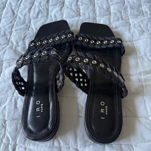 6.5 W IRO Paris black braided grommet slide sandals